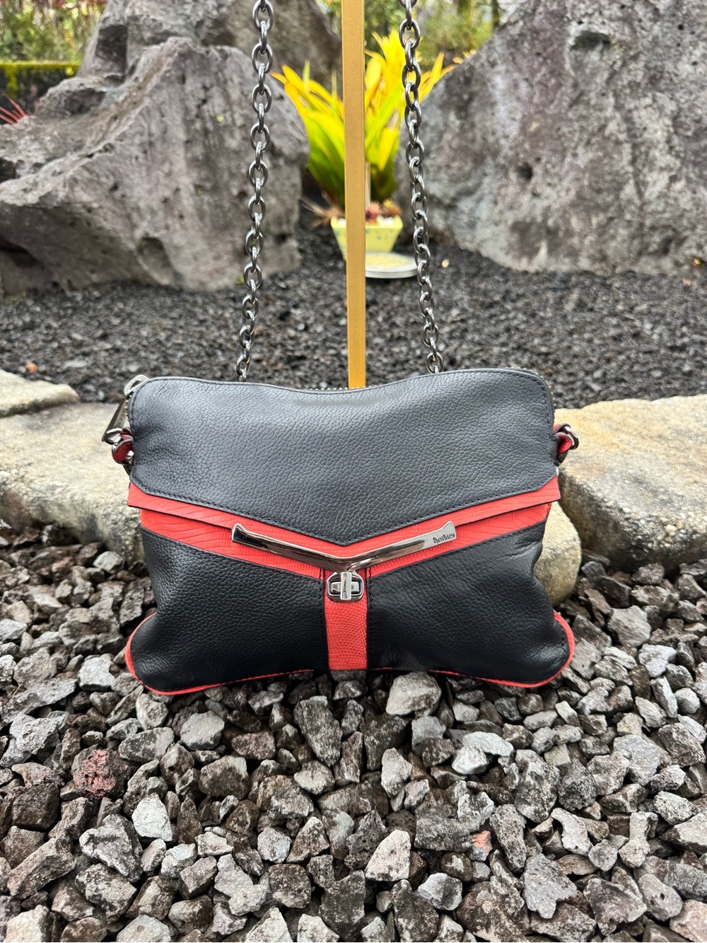 Botkier Black & Coral Leather Crossbody Shoulder Bag Gunmetal Chain